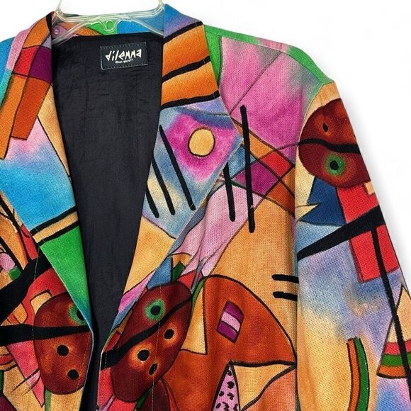 Vtg 90s Dilemma Dhun Schroff 100% Silk Abstract Cubism Art Wear Open Blazer OS - Picture 3 of 13
